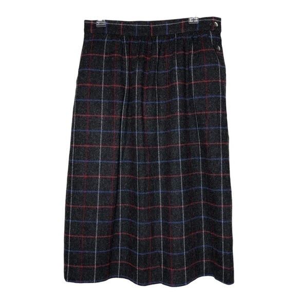 Vintage - PANTHER Wool Blend Gray, Blue & Red Plaid Midi Skirt Pockets - Size 14